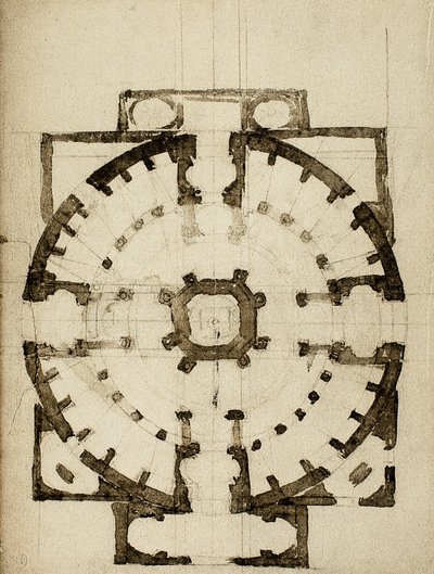 教会の計画のための建築プロジェクト。ミケランジェロの絵。カーサブオナローティ（フィレンツェ） 作： Michelangelo Buonarroti